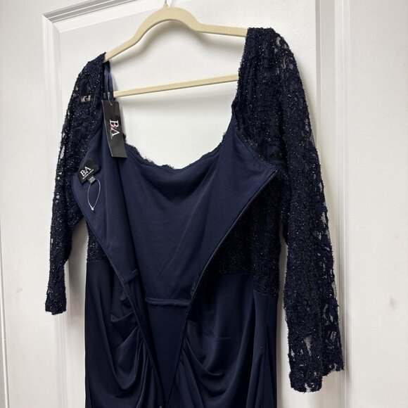 Betsy & Adam Plus Size 16W Navy Blue Lace Scoop-Neck Cocktail Maxi Gown Dress - Picture 9 of 11